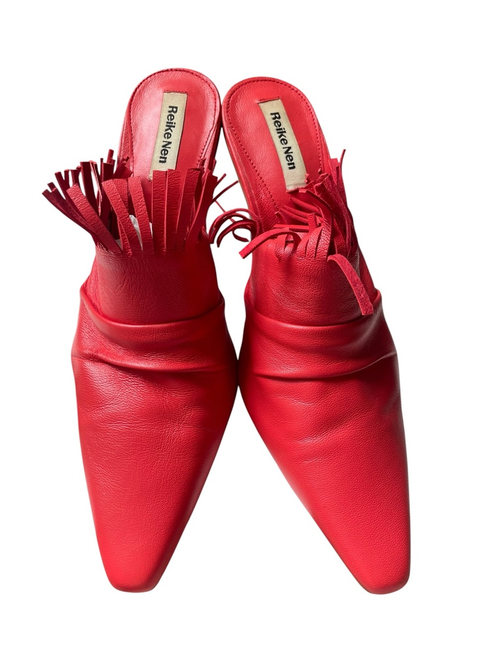 Reike Nen Red Leather Fringe Heeled Mules Slip-on Shoes Pointed Toe Women's 7 37 - Picture 3 of 12